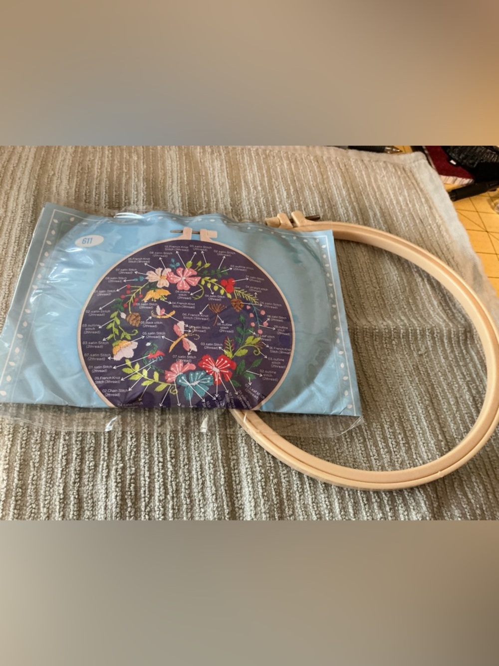 Floral Embroidery Kit with Wooden Hoop - Blue Background